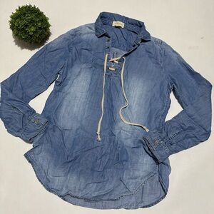 Cloth & Stone Anthropologie Blue Chambray Denim Tunic Top Lace Up‎ Renaissance